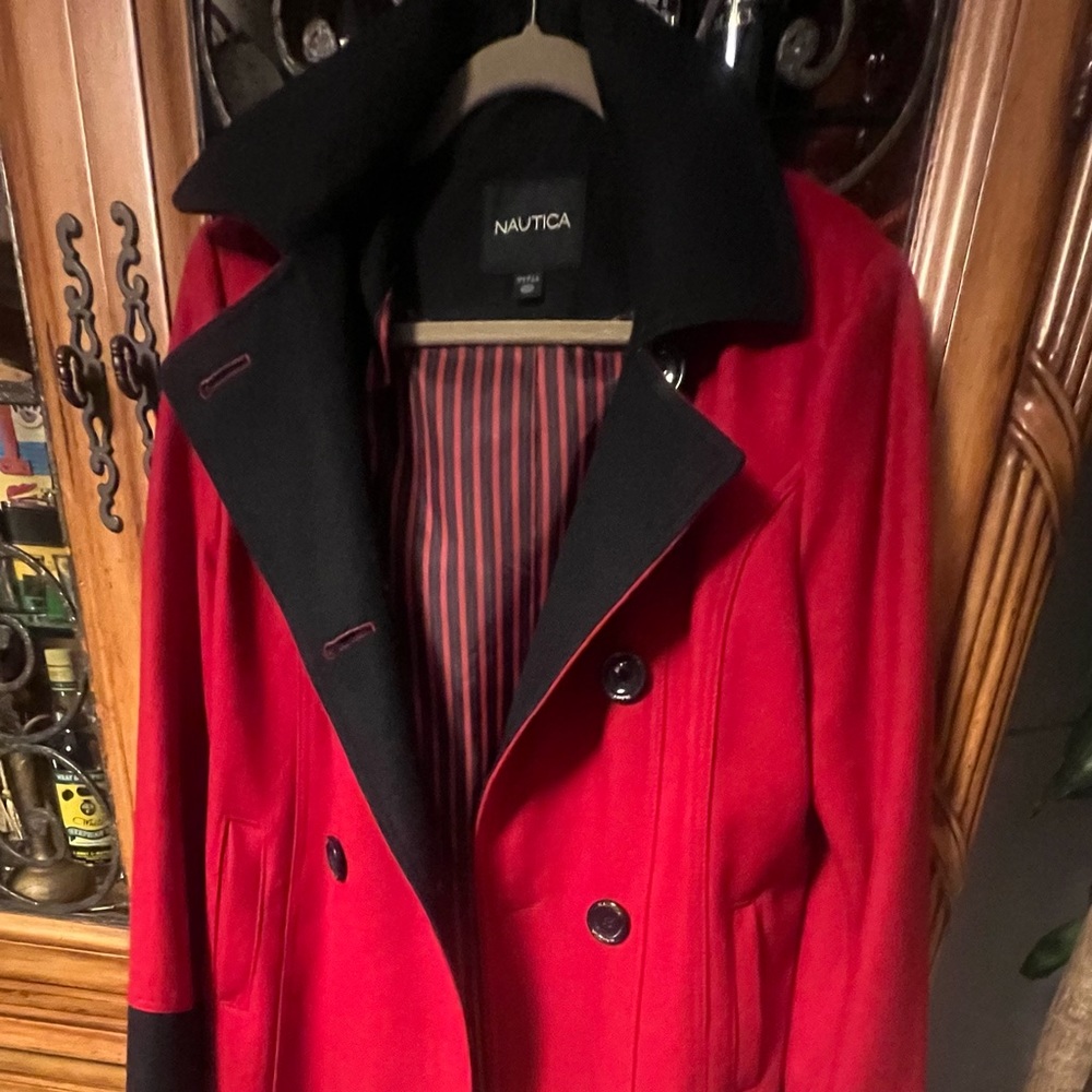 Red pea coat, double breasted